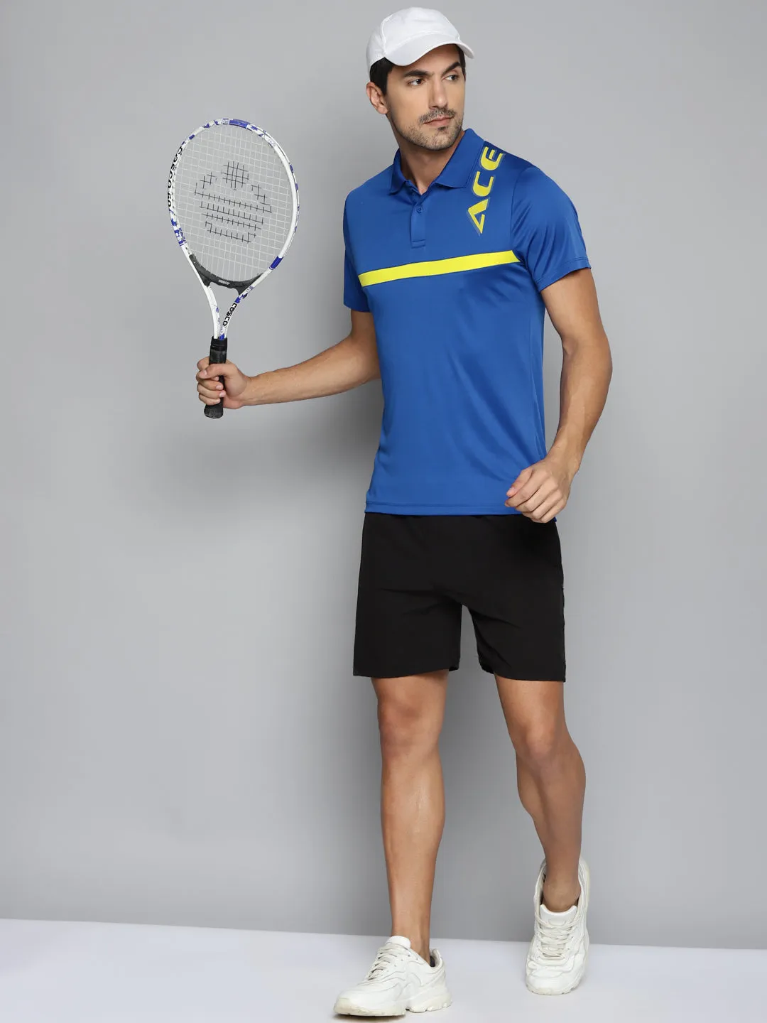 FourWay Stretch Fabric ALCIS Men Blue & Yellow Brand Logo Printed Polo Collar Slim Fit Running T-shirt
