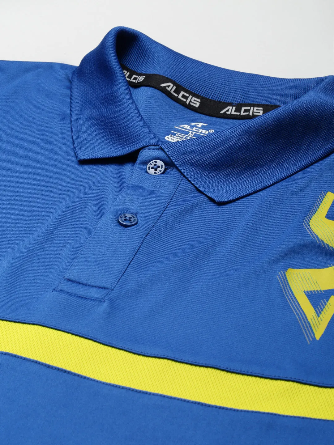 Minimalist Design ALCIS Men Blue & Yellow Brand Logo Printed Polo Collar Slim Fit Running T-shirt