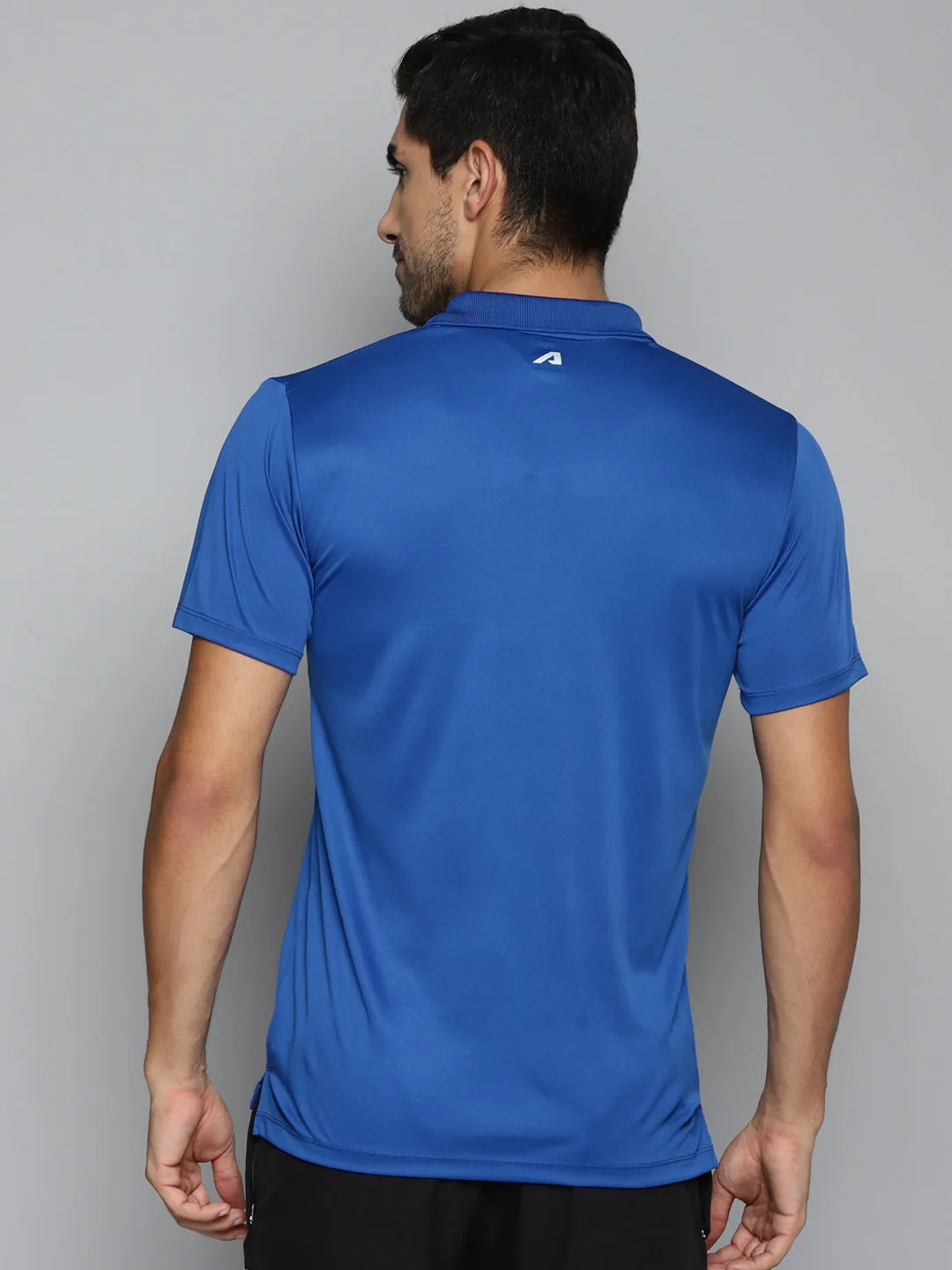 Seamless Shoulder Stylish Detail ALCIS Men Blue & Yellow Brand Logo Printed Polo Collar Slim Fit Running T-shirt