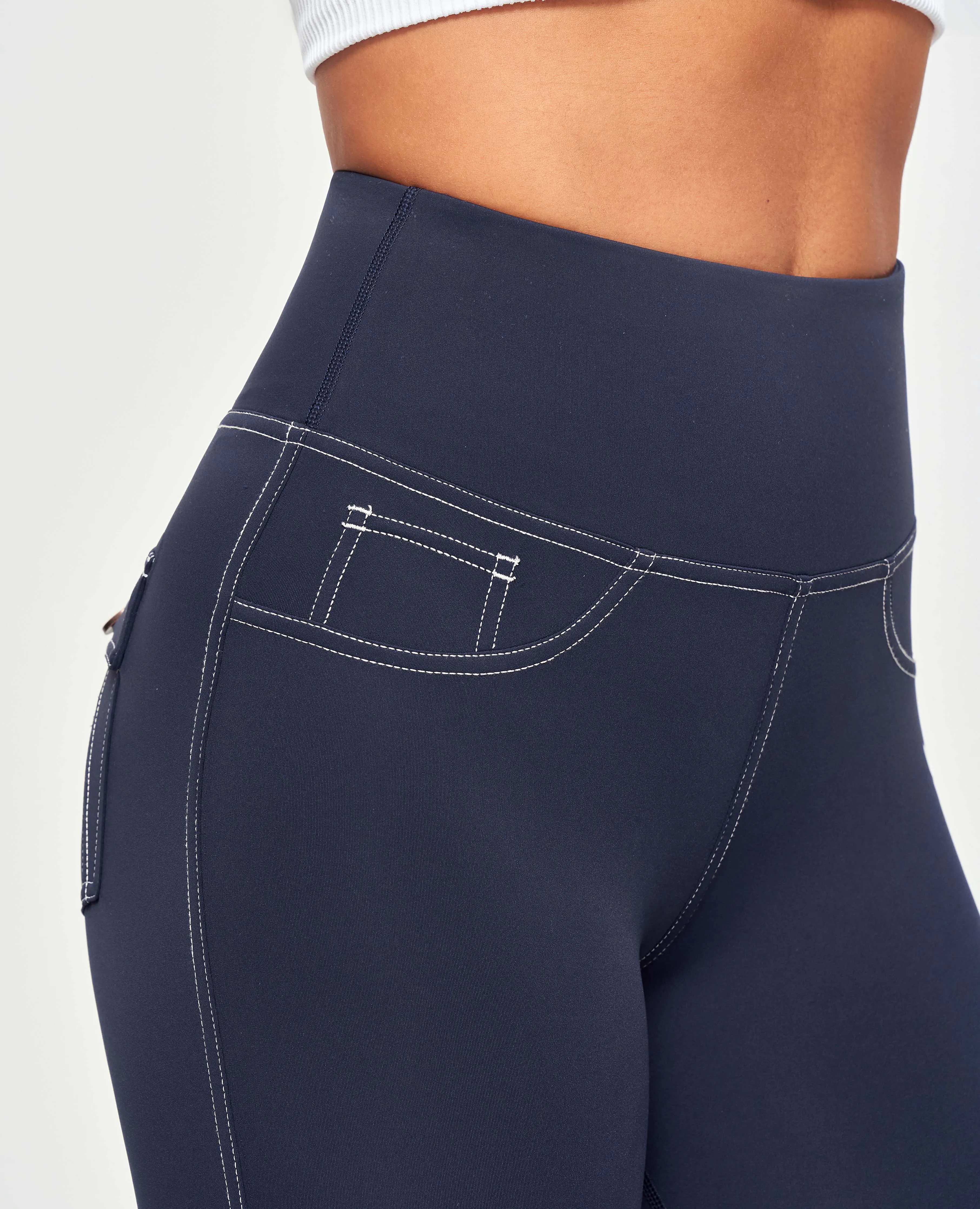 Comfy Fit Contrast Stitching High-Waisted Leggings - Navy Blue