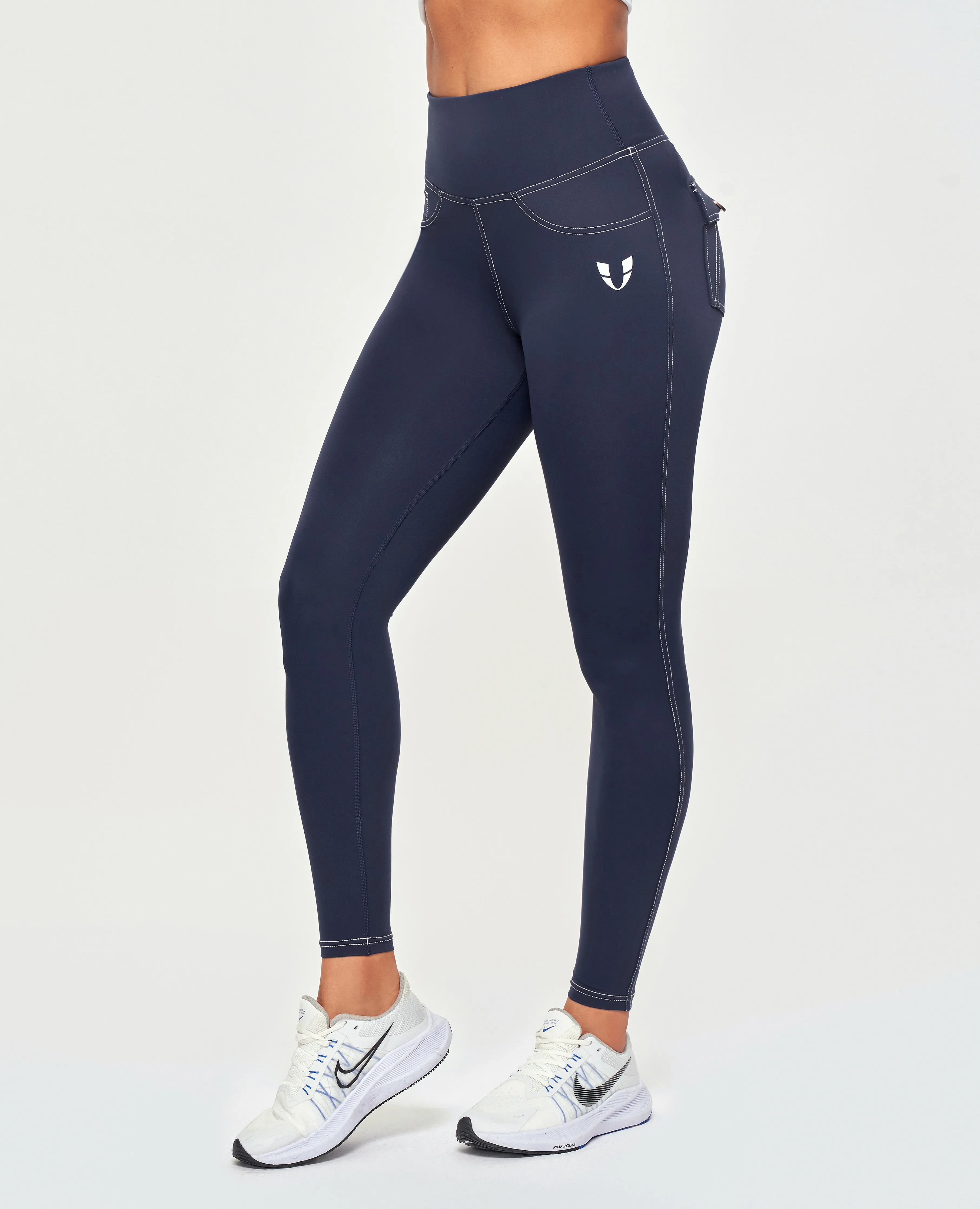 Contrast Stitching High-Waisted Leggings - Navy Blue Silky feel Travel Outfit Beginner Level