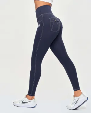 Contrast Stitching High-Waisted Leggings - Navy Blue chlorine resistant