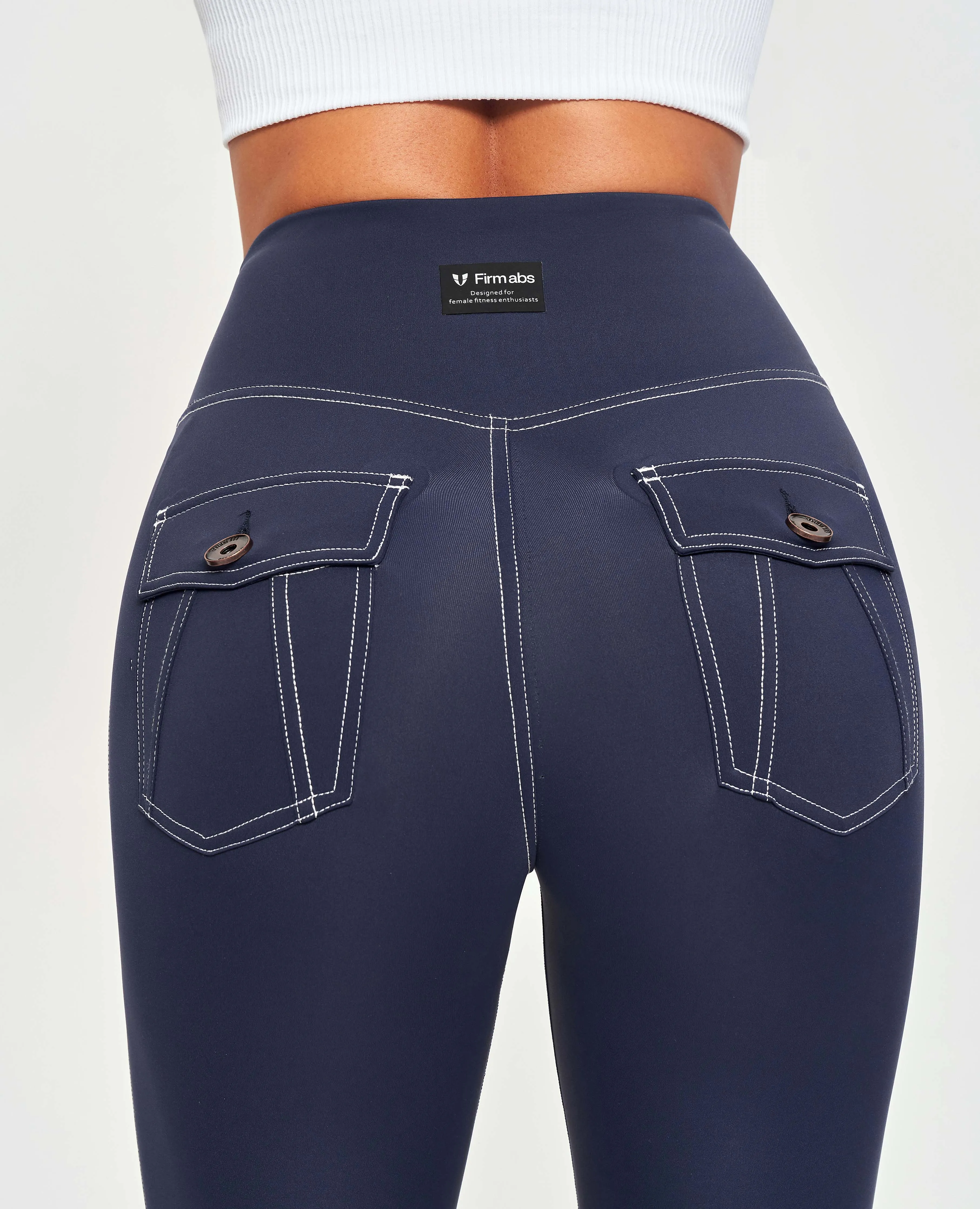 Contrast Stitching High-Waisted Leggings - Navy Blue Body Shaping Beginner Level Active Lifestyle Eco Friendly
