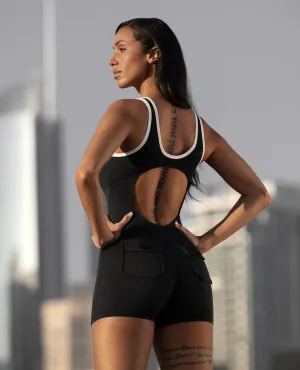TaglessDesign Hollow Pocket Bodysuit Short  - Black