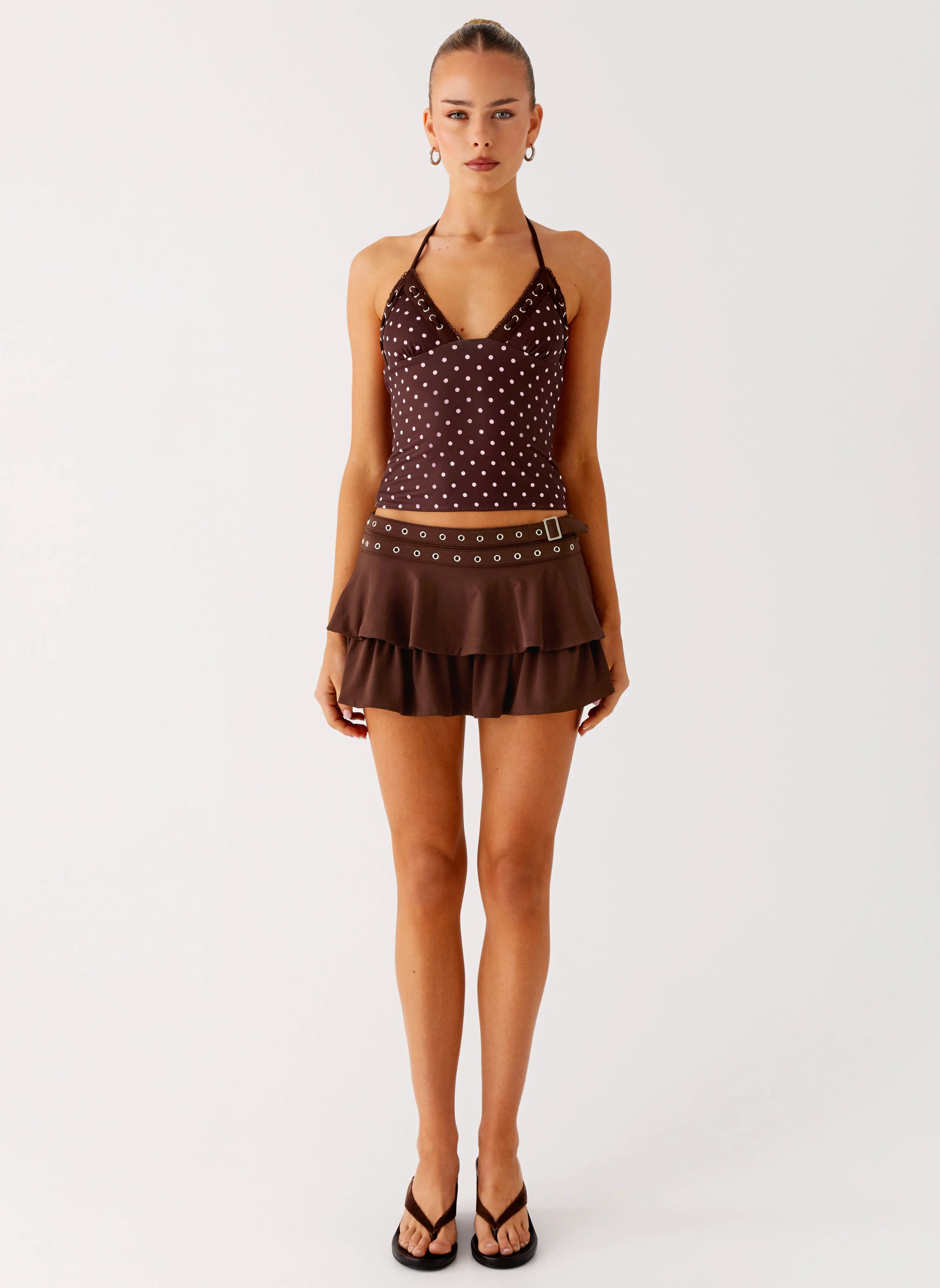Prologue Belt Mini Skort - Chocolate Satin Finish Petite Chic
