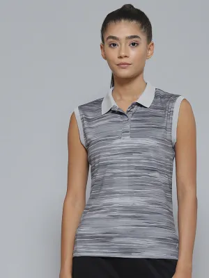 Alcis Women Grey Striped Polo Collar Slim Fit T-shirt Cotton Blend Collared Shirt