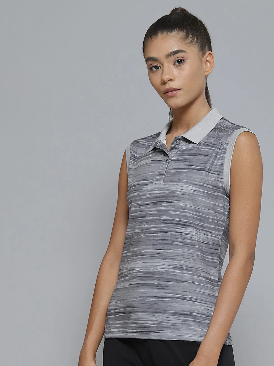 Alcis Women Grey Striped Polo Collar Slim Fit T-shirt AntiFade Technology