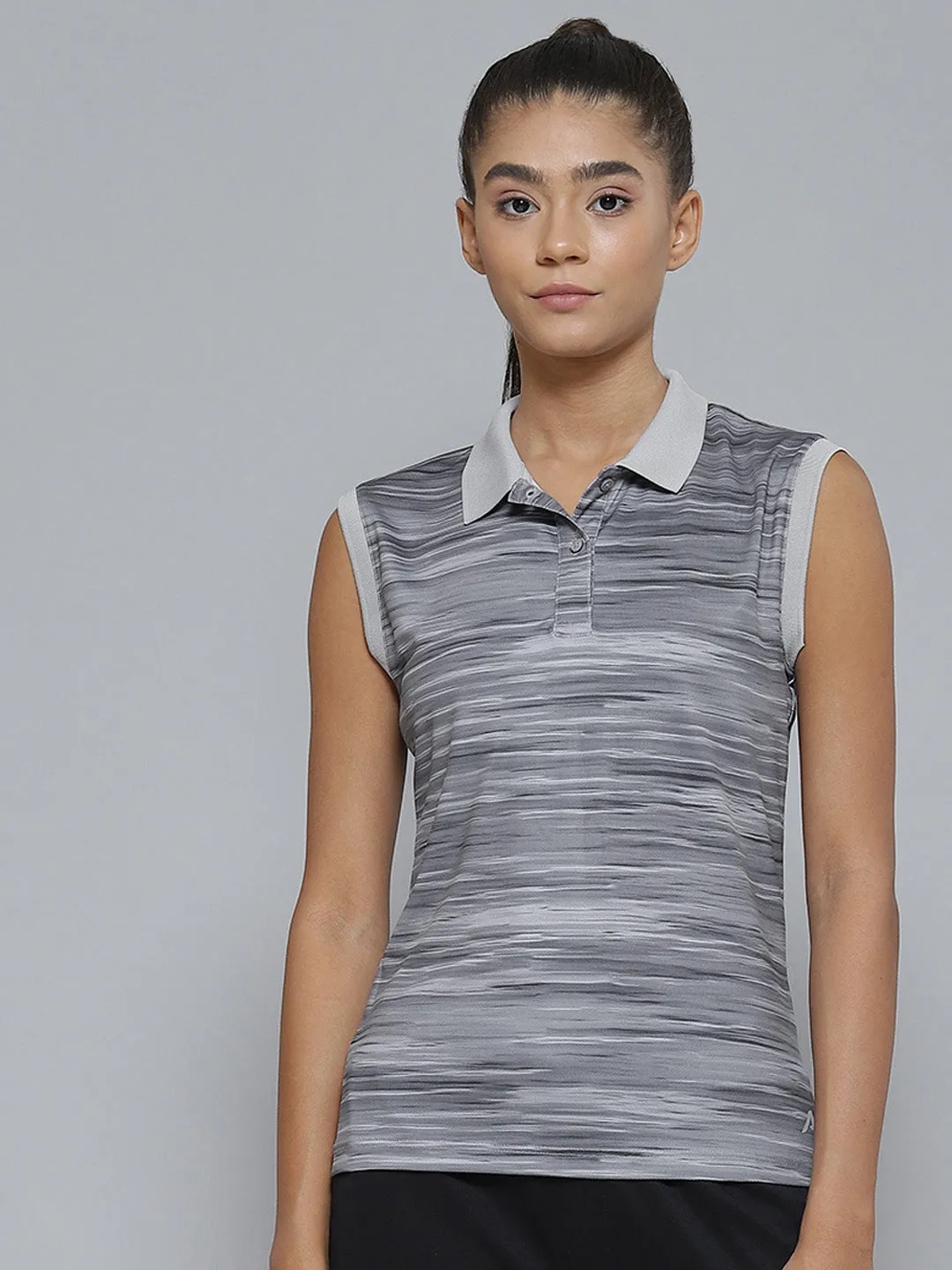 Alcis Women Grey Striped Polo Collar Slim Fit T-shirt Cotton Blend Collared Shirt