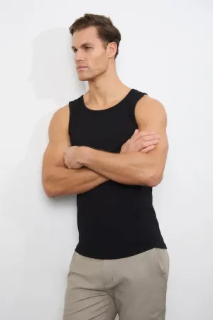 Ribbed Tank Top in Black Breathable Mesh Panels High Durability Weave