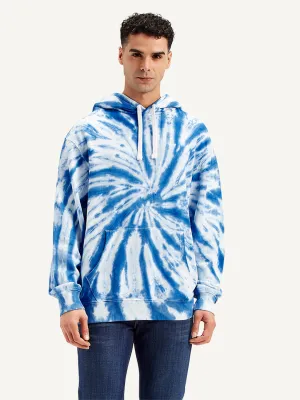 Men's Tie-Dye Blue Hooded Sweatshirt Breathable Mesh Panels Wolf like
