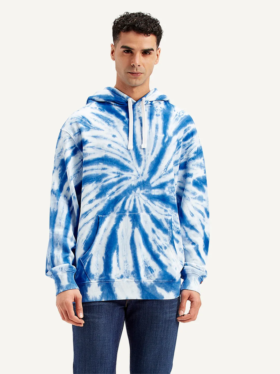 Men's Tie-Dye Blue Hooded Sweatshirt Contrast Stitching Accents Stretch Knit Technology