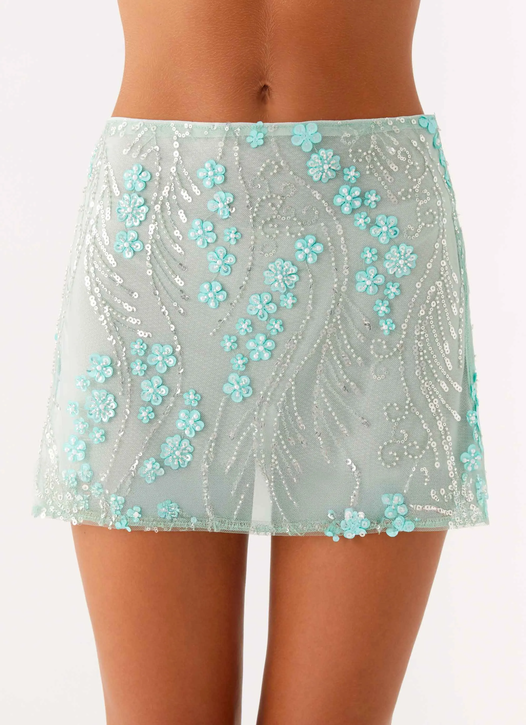 Kandi Mini Skirt - Mint Shine Finish Cotton-Blend