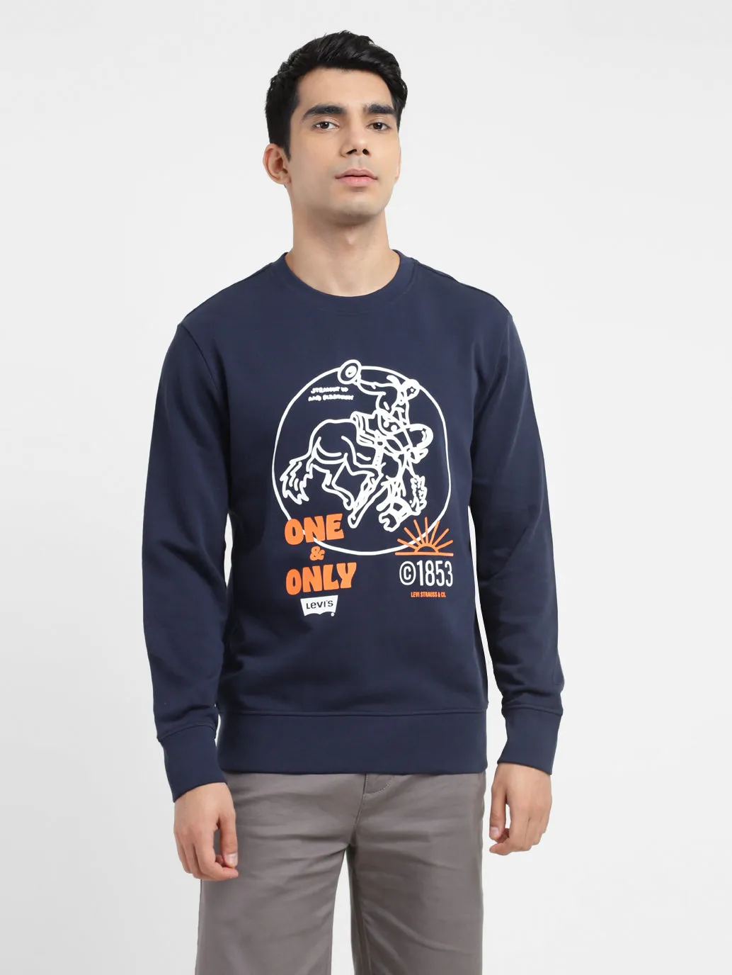 Daily Style Sheep like Men's Graphic Print Crew Neck Sweatshirt Navy