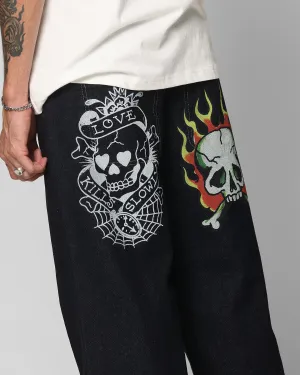 Ed Hardy Wide Leg Skull Jeans Dark Indigo Heavy Duty Zipper Mechanism