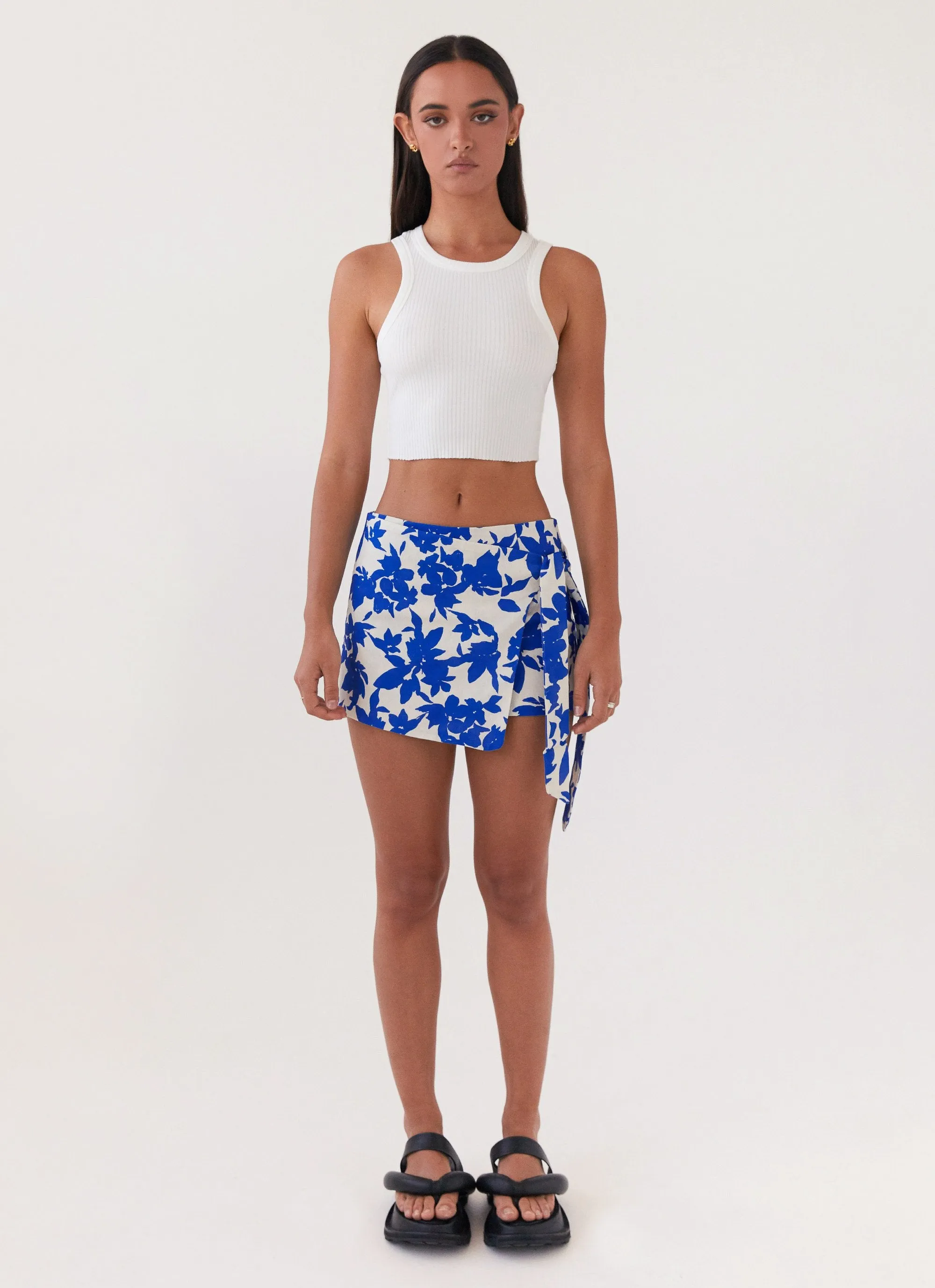 Steal Away Linen Wrap Skirt - Blue Floral Everyday Use Refined Form