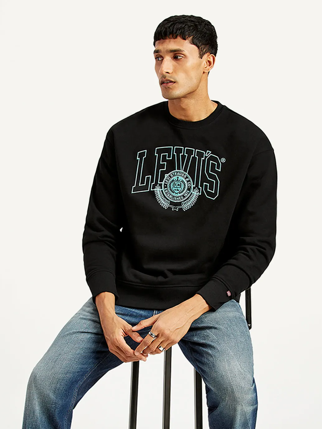 Men's Brand Logo Black Crew Neck Sweatshirt Zippered Pockets