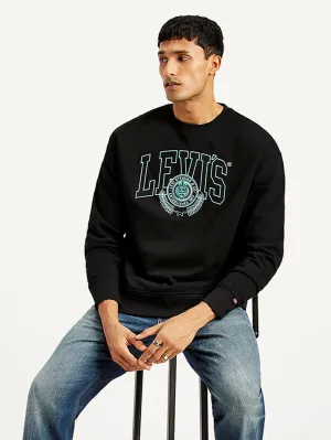 Men's Brand Logo Black Crew Neck Sweatshirt Tassel Details Pig like