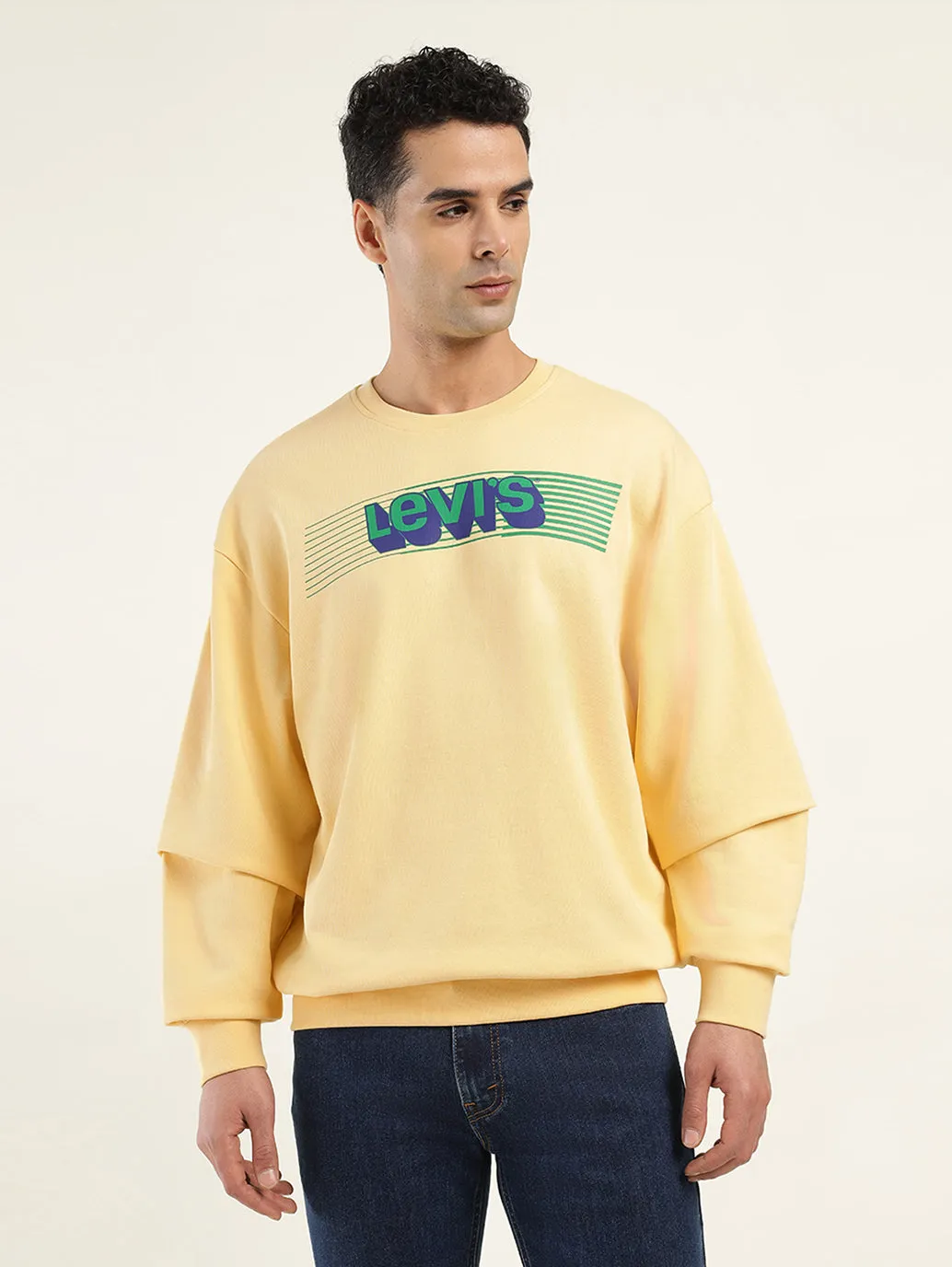 Men's Solid Yellow Crew Neck Sweatshirt Stretchable Material