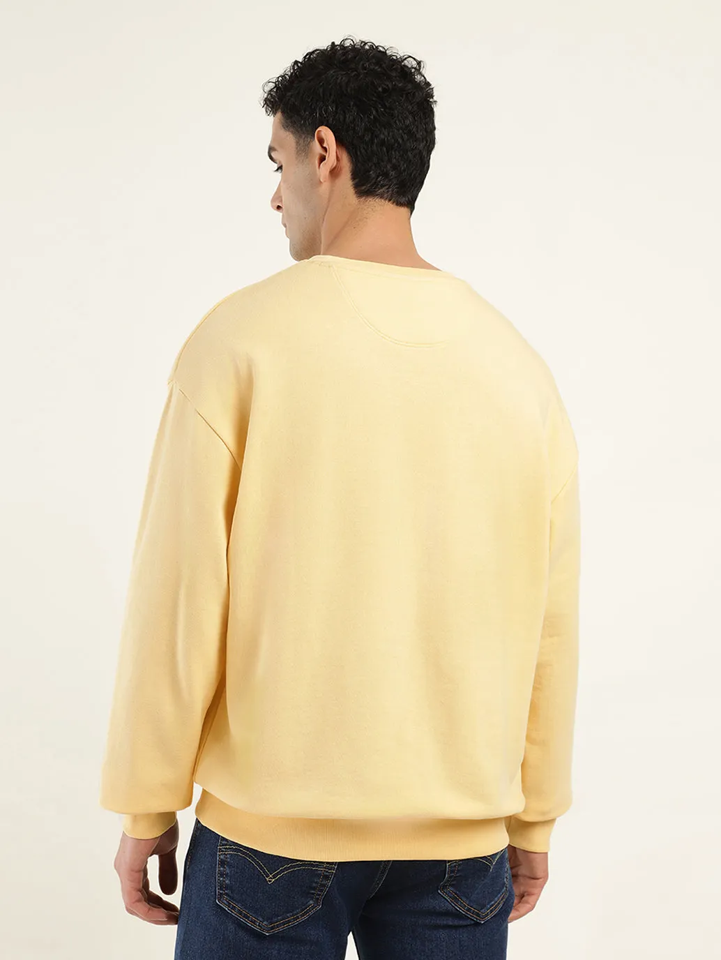 Men's Solid Yellow Crew Neck Sweatshirt Ribbed Hem Details Date wear