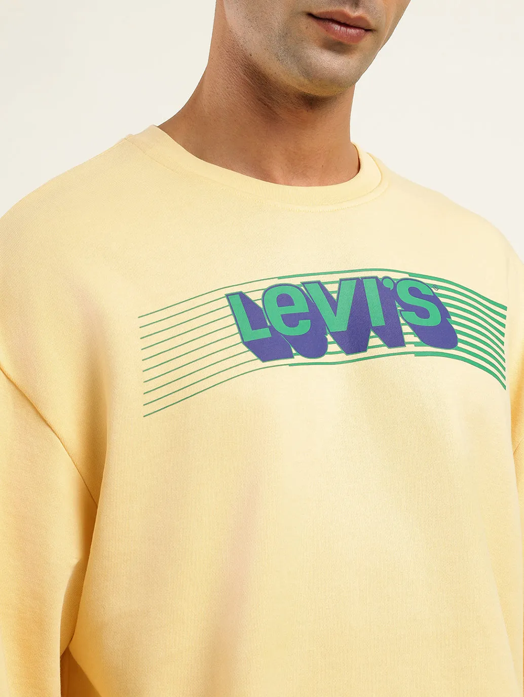 Non Fade Technology Rib Knit Hem Men's Solid Yellow Crew Neck Sweatshirt