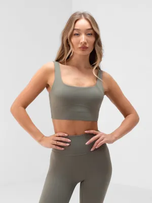 Apex Pro Sports Bra - Safari Green Non-Restrictive Support Smooth Band