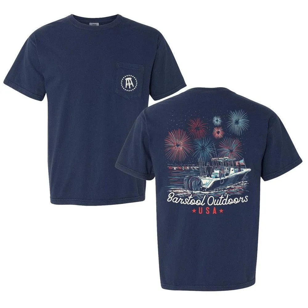 Barstool Outdoors Fireworks USA Pocket Tee Unisex Denim combination