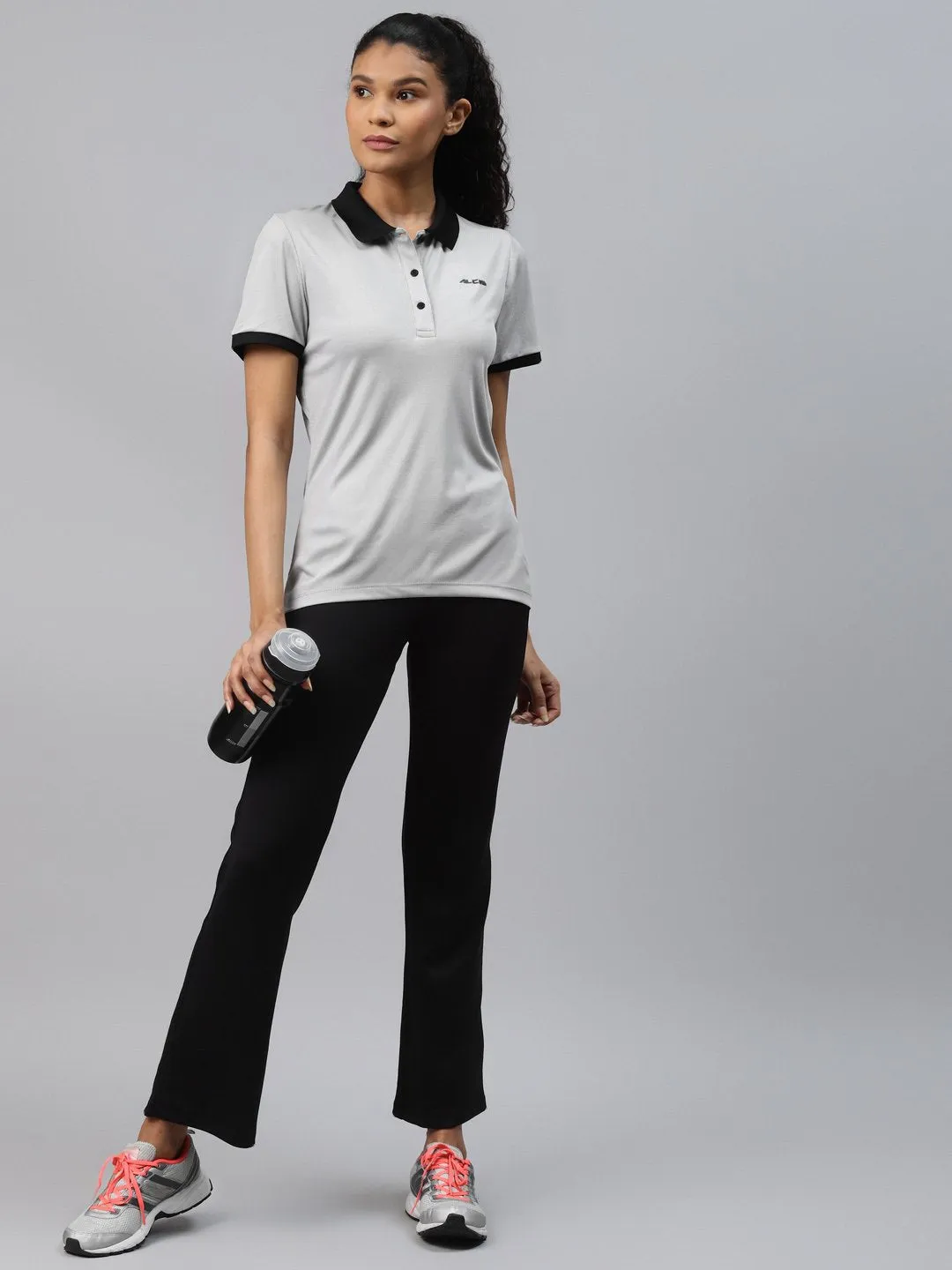 golf club Alcis Women Grey Solid Polo Collar Slim Fit T-shirt