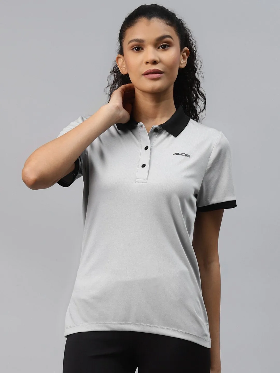 TemperatureRegulating Layer Fashion Forward Alcis Women Grey Solid Polo Collar Slim Fit T-shirt