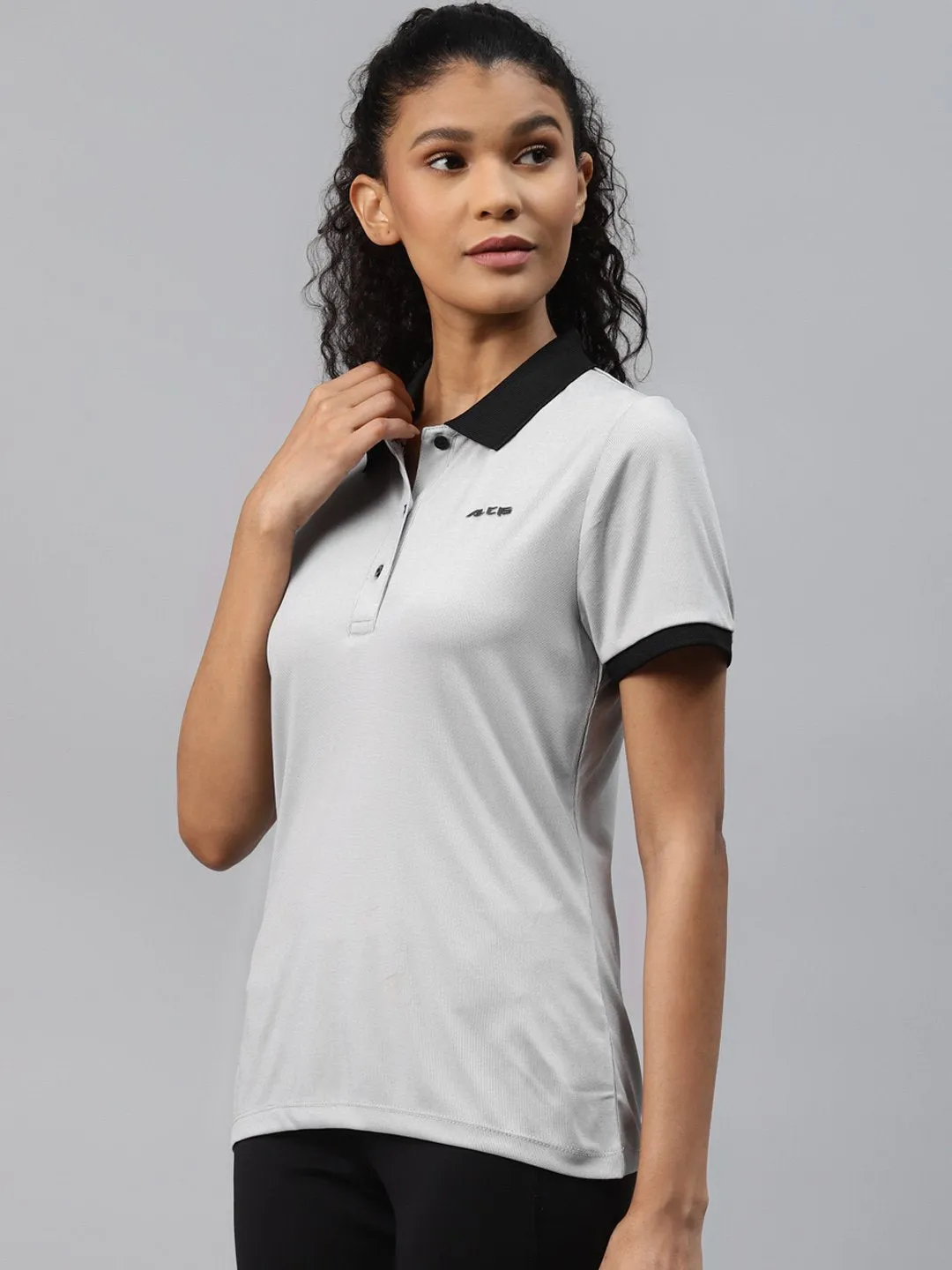 Breathable Comfort Lightweight Comfort Alcis Women Grey Solid Polo Collar Slim Fit T-shirt
