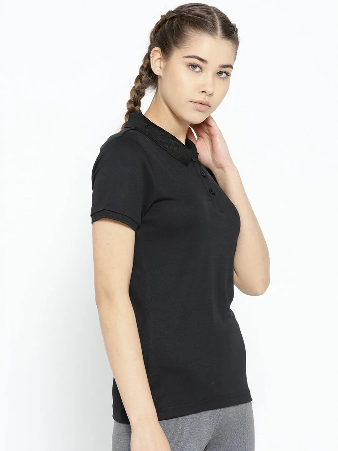 Classic Comfort Alcis Women Black Solid Polo Collar T-shirt