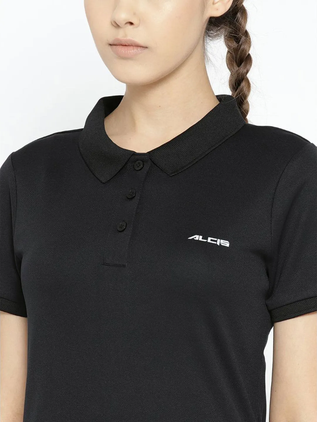 Alcis Women Black Solid Polo Collar T-shirt Trendy Casual Lightweight Feel