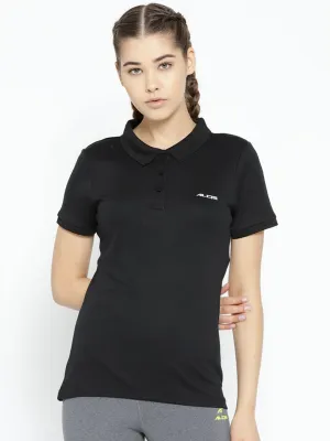 Stretchable Fabric Flexible Waistband Alcis Women Black Solid Polo Collar T-shirt