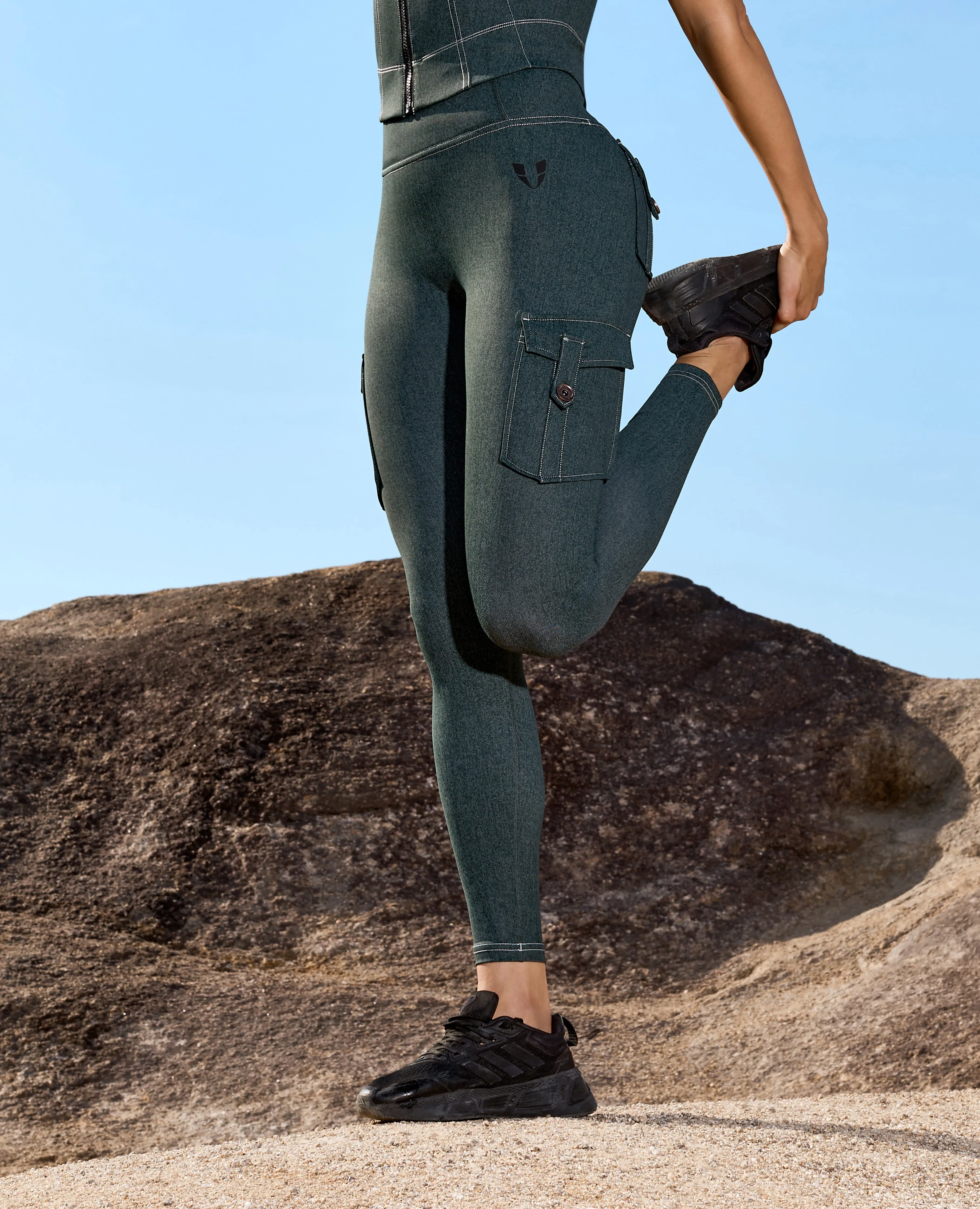 Body Sculpt High Waisted Cargo Leggings - Denim Green Ultra light
