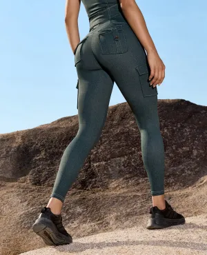 Body Sculpt High Waisted Cargo Leggings - Denim Green Compression Fit Seamless Design Holiday Outfit