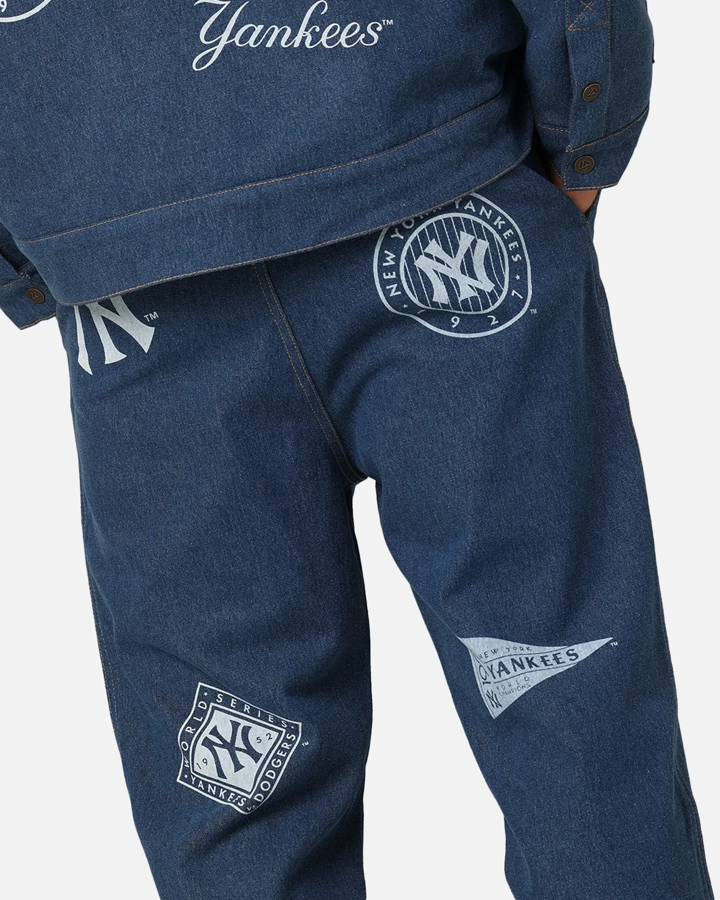 Minimalist Weekend Getaway Casual Spring Mood Bold Look Majestic Athletic New York Yankees Etched Denim Jeans Washed Blue Denim