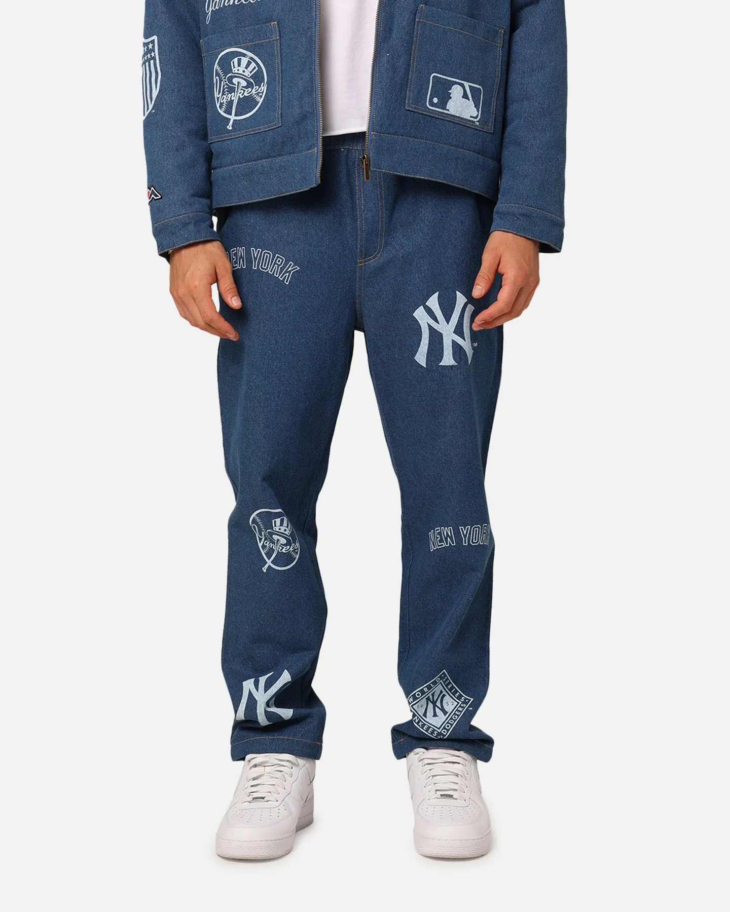Majestic Athletic New York Yankees Etched Denim Jeans Washed Blue Denim Slim Sunny Vibes Festival Outfit Neutral Tones