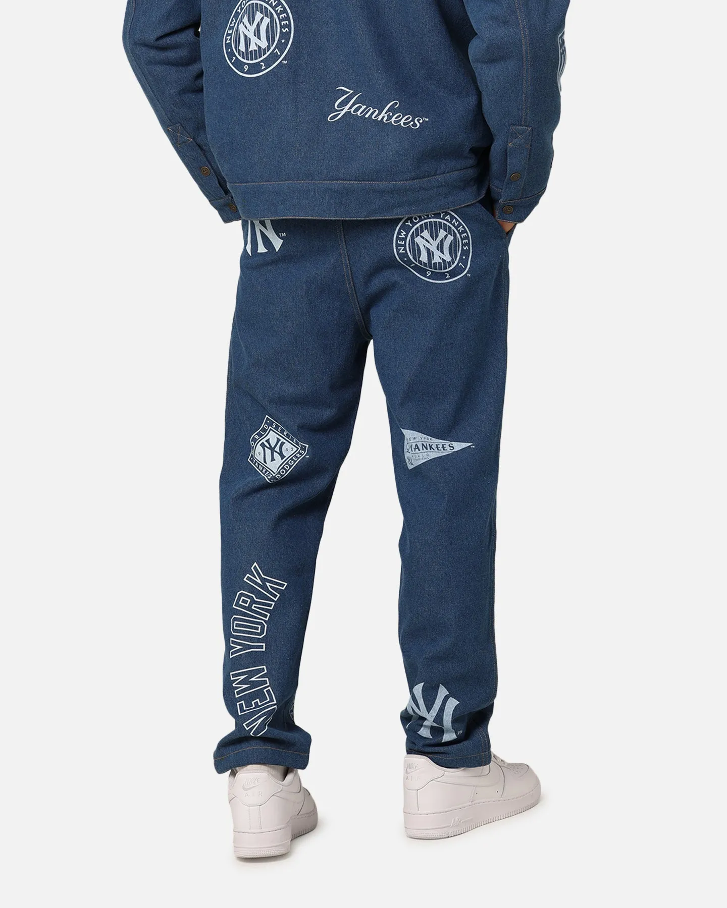 Majestic Athletic New York Yankees Etched Denim Jeans Washed Blue Denim Earthy Modern Minimalist Office Wear Trendy Sunny Vibes