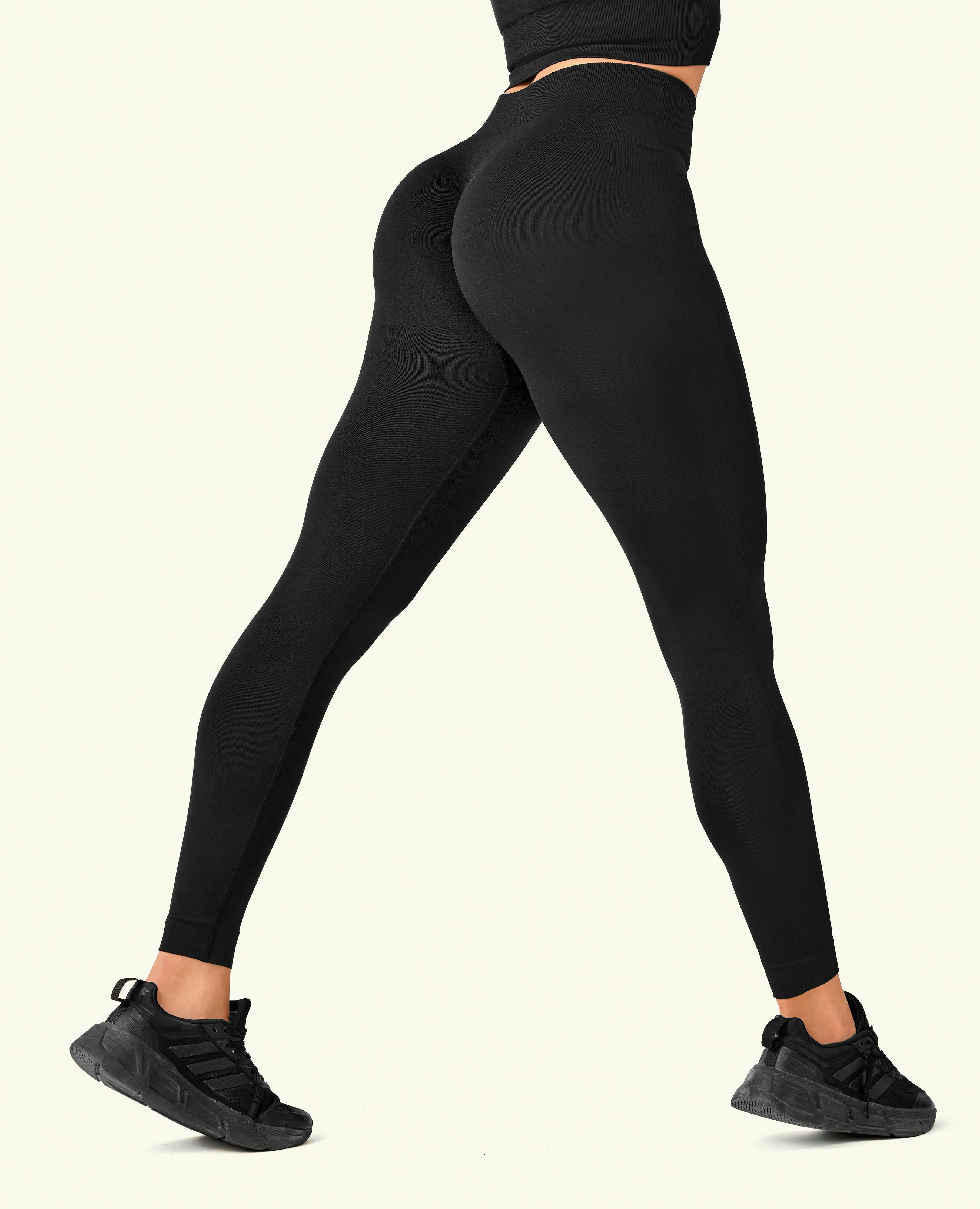 Ribbed Butt Lift Leggings - Black For Teens Breathable Fabric Smooth Texture