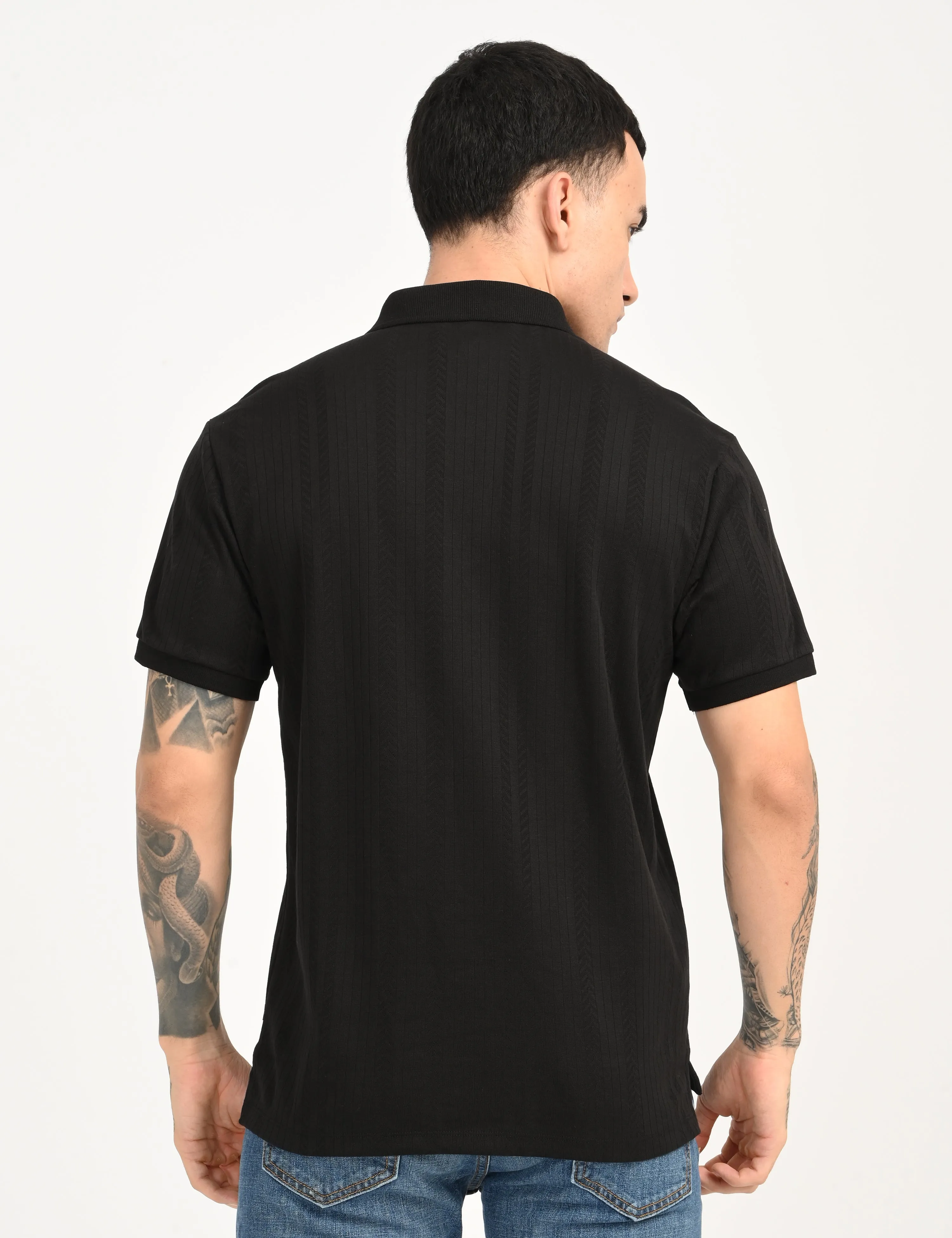 Men's Redloop Self Design Black Slim Fit Polo T-shirt Colorfast Construction