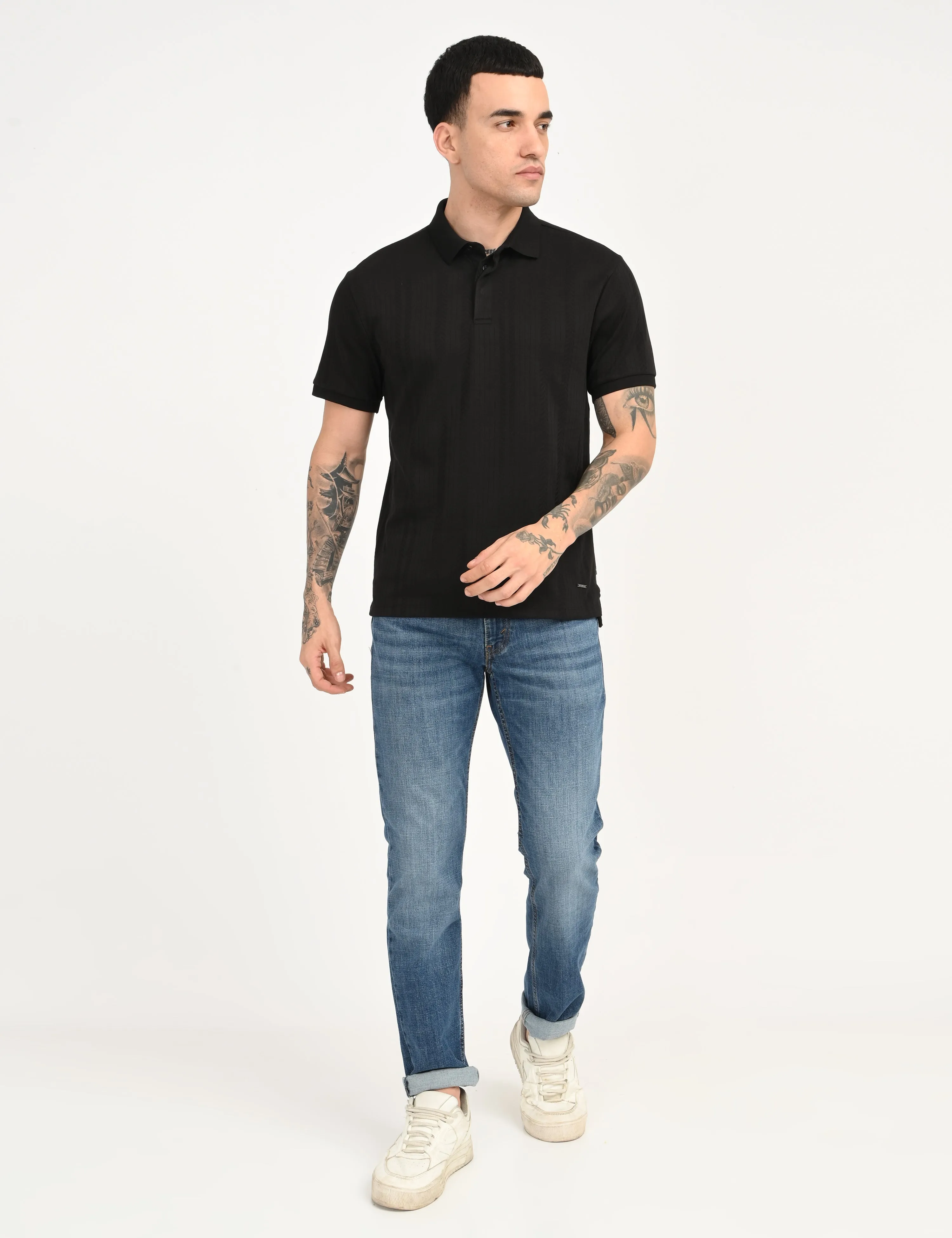 Men's Redloop Self Design Black Slim Fit Polo T-shirt Casual Friday