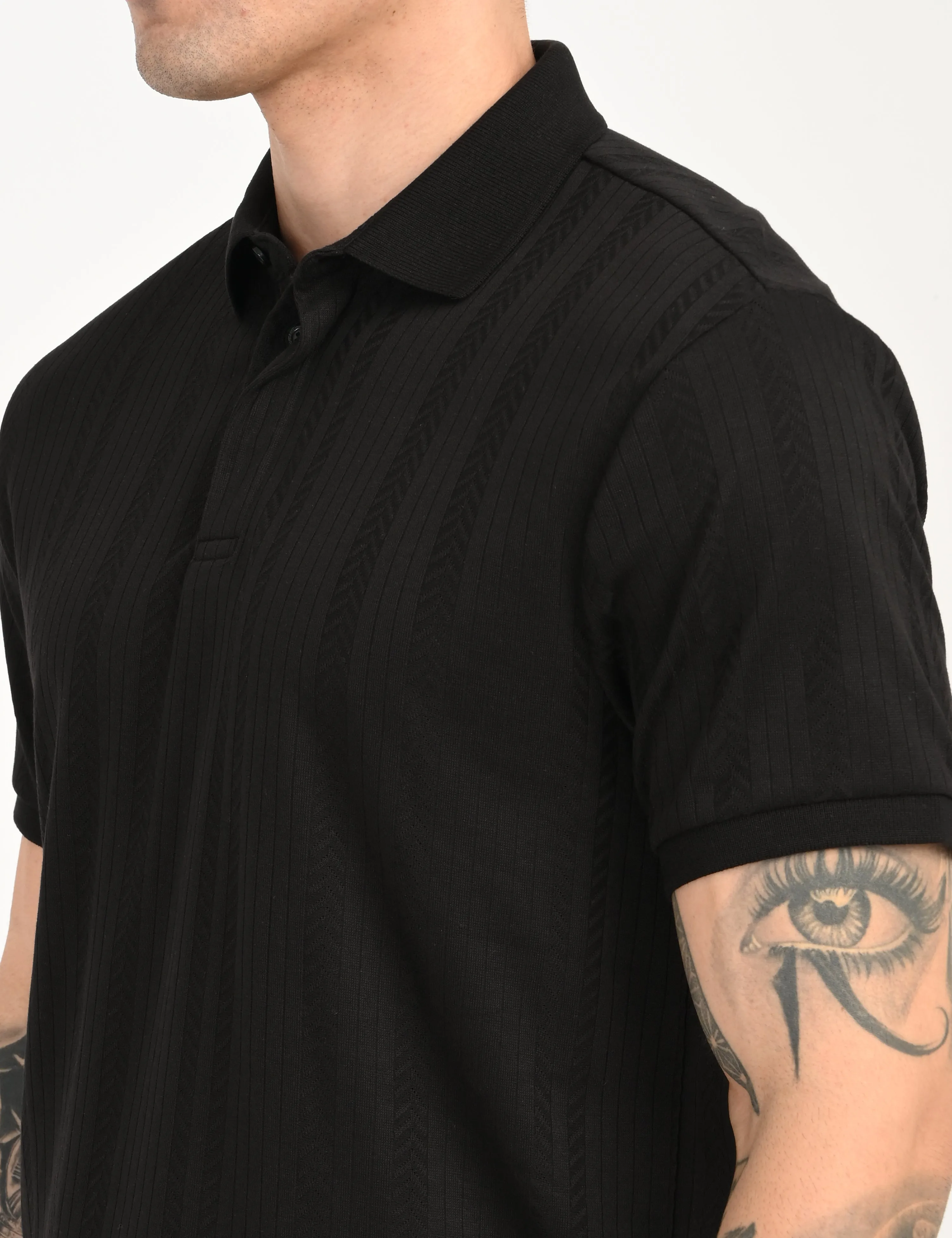High-Quality Stitching Men's Redloop Self Design Black Slim Fit Polo T-shirt