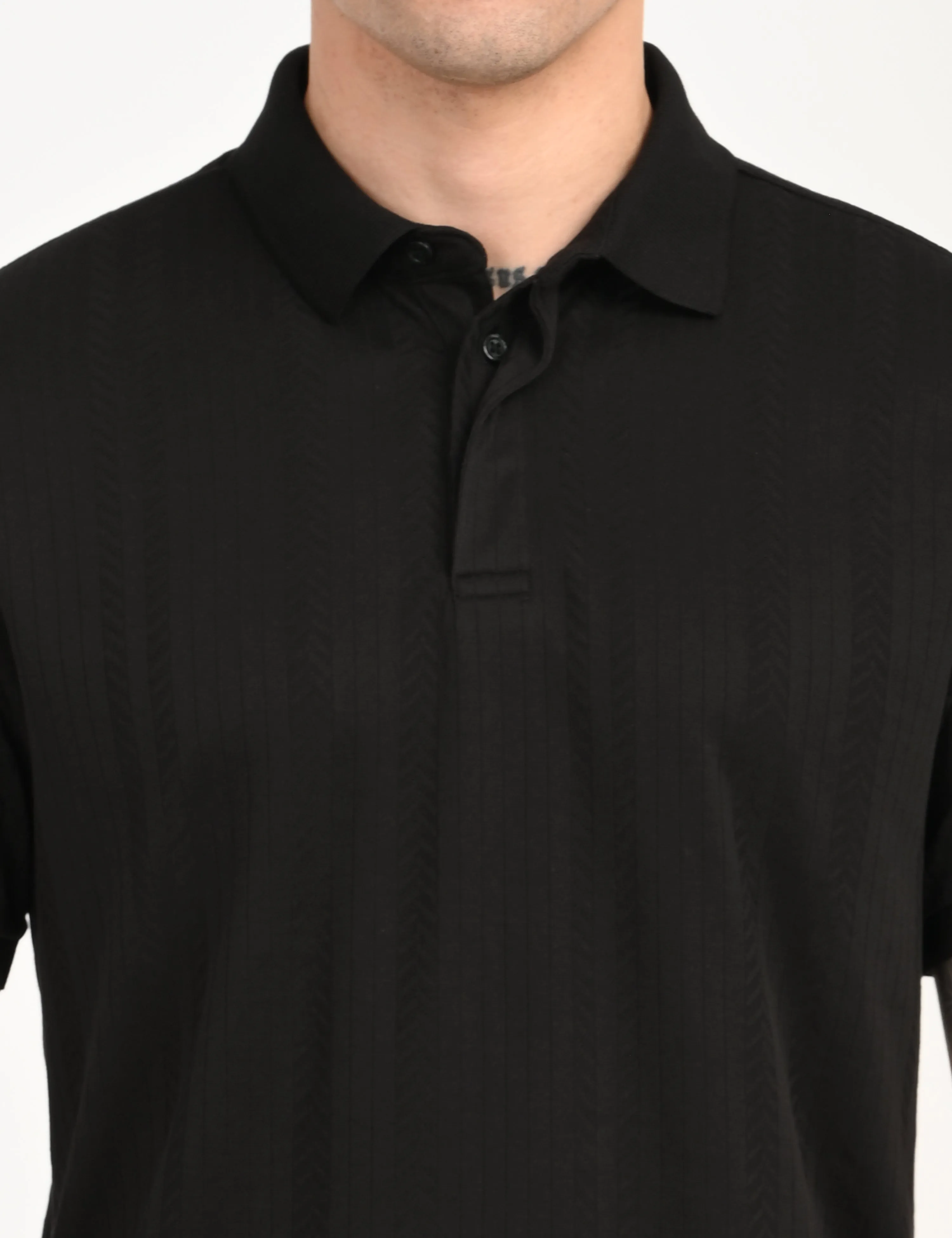 Men's Redloop Self Design Black Slim Fit Polo T-shirt QuickDry Technology