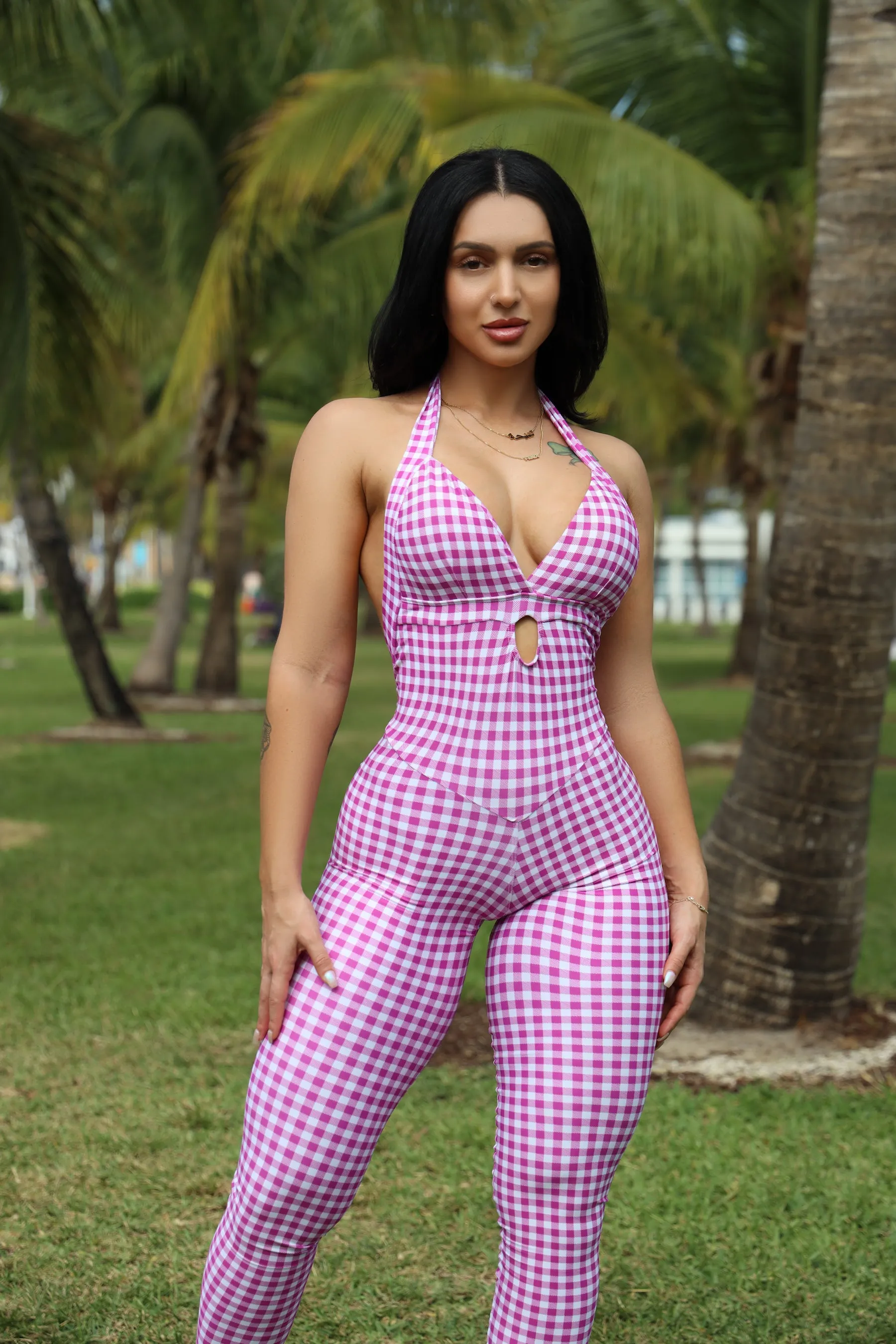 Luxury Neutral Pink Checker Scrunchy Butt Bodysuit