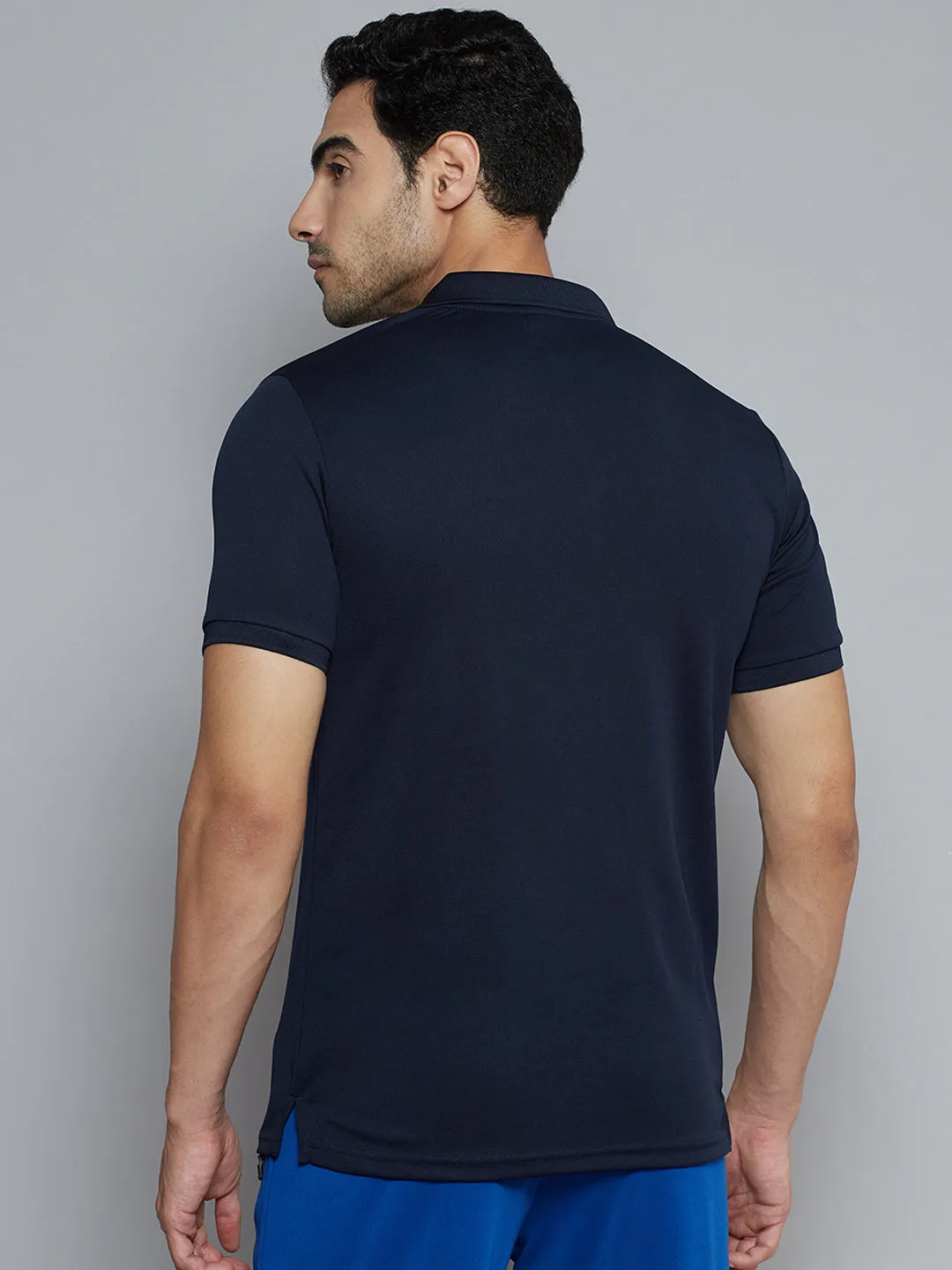 Bound Edge Detailing Alcis Men Navy Blue Solid Polo Collar Slim Fit Wonder T-shirt
