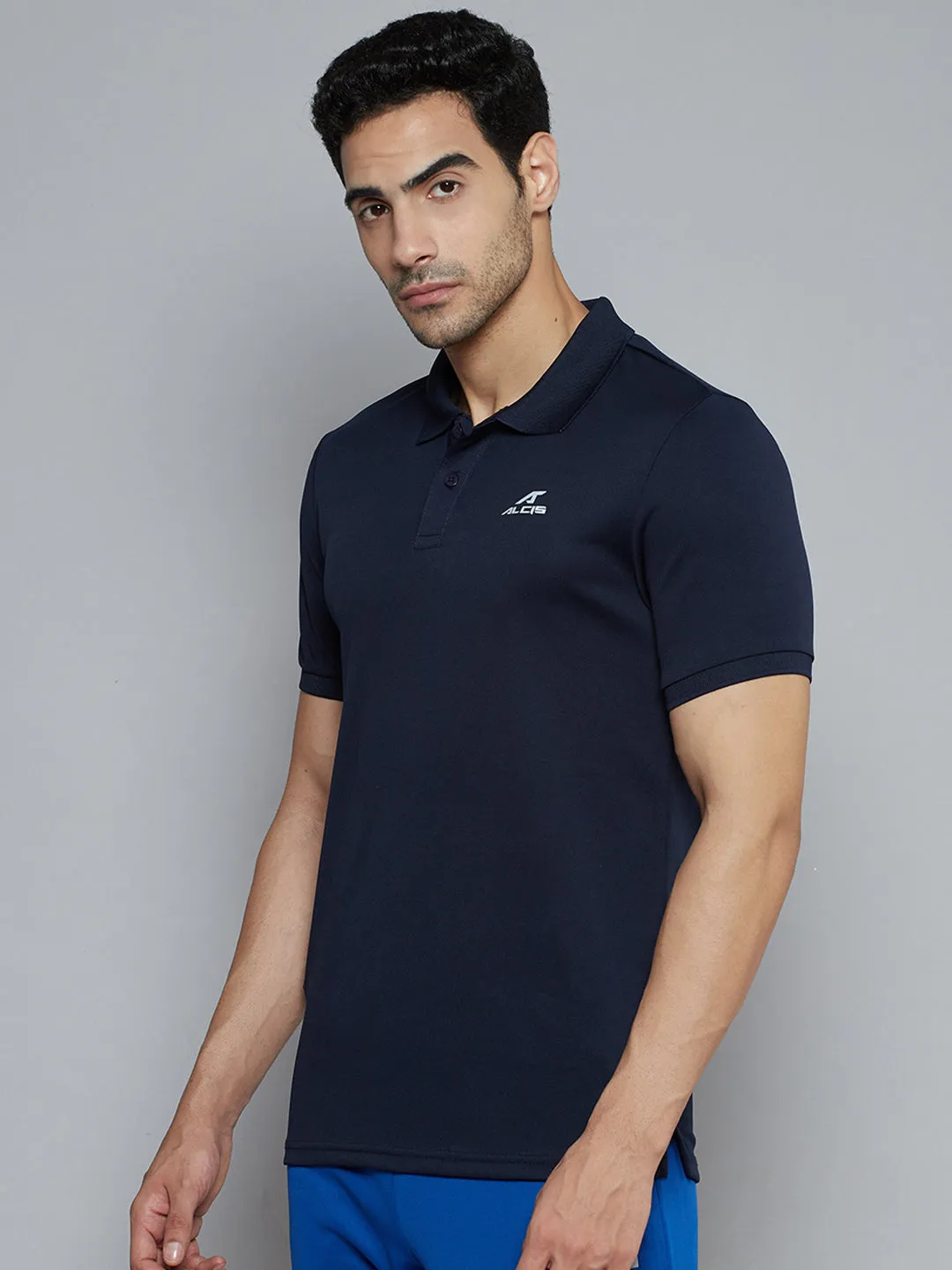Striped Design Alcis Men Navy Blue Solid Polo Collar Slim Fit Wonder T-shirt