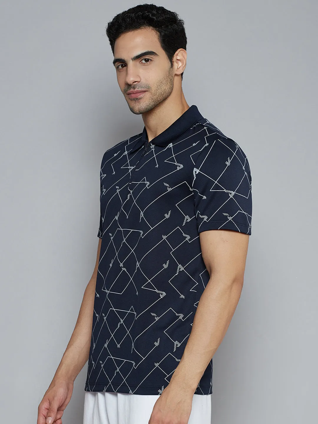 Travel Friendly Alcis Men Navy Blue Abstract Printed Polo Collar Slim Fit T-shirt