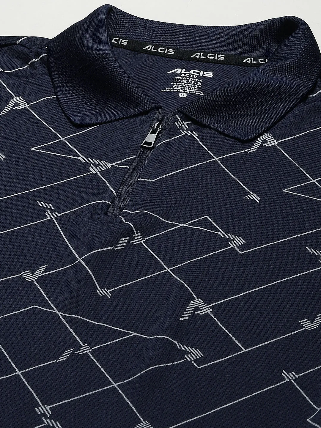 Alcis Men Navy Blue Abstract Printed Polo Collar Slim Fit T-shirt Polo Collar