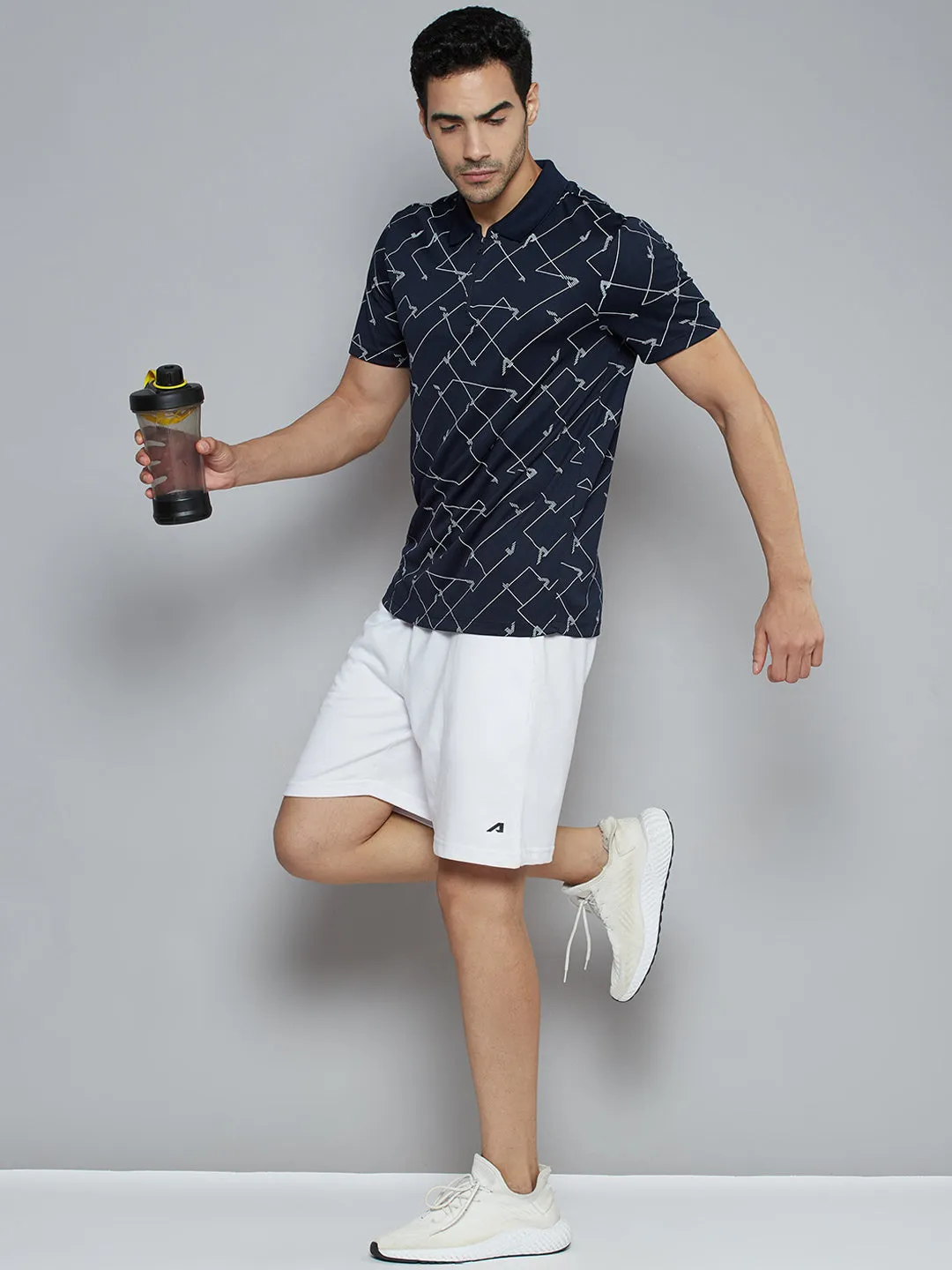 Relaxed Neckline Premium Cotton Alcis Men Navy Blue Abstract Printed Polo Collar Slim Fit T-shirt