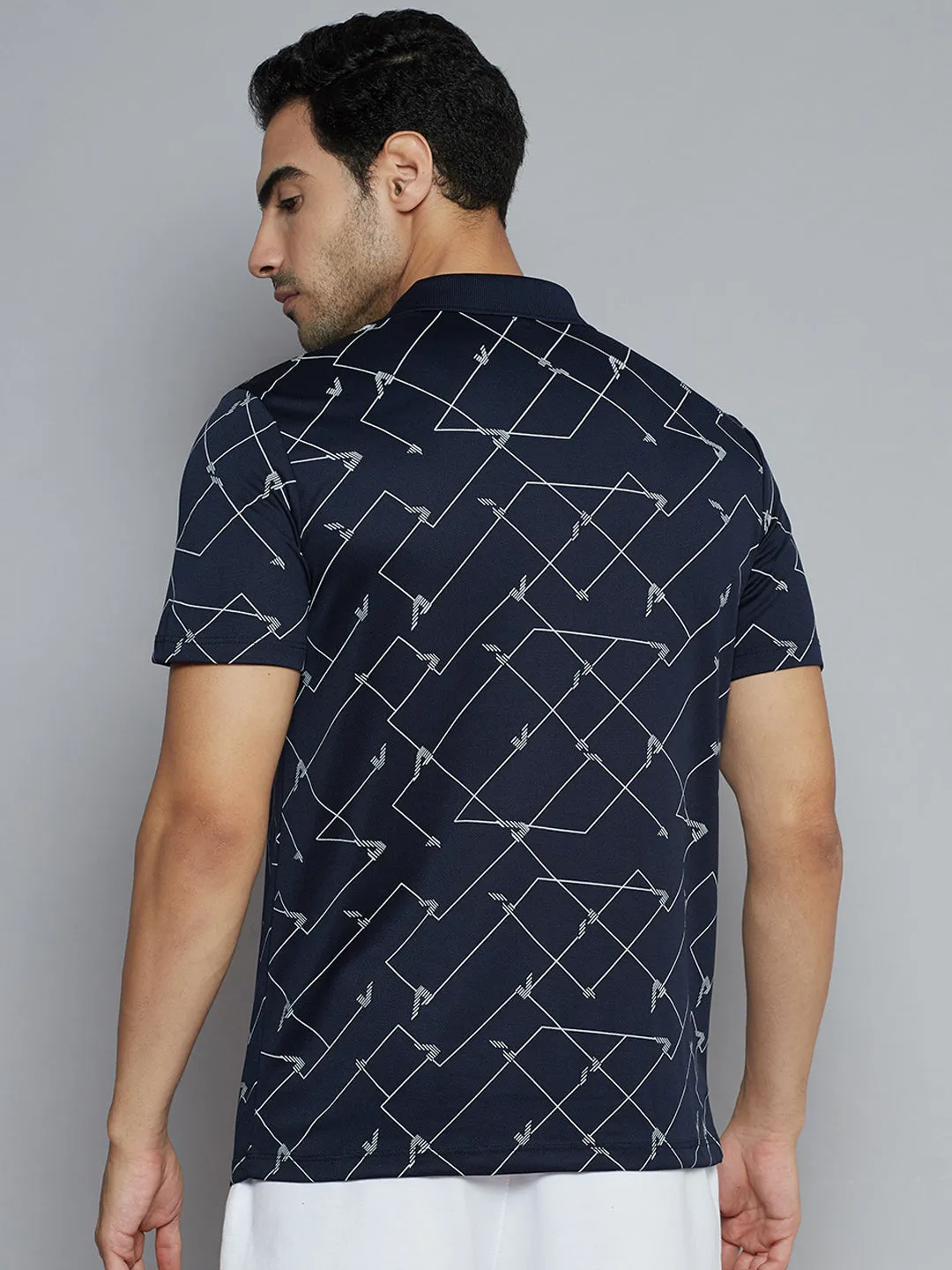 Alcis Men Navy Blue Abstract Printed Polo Collar Slim Fit T-shirt Slim Fit Style Breathable Mesh Panels