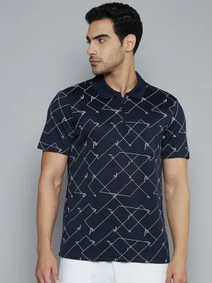 Comfortable Stretch Alcis Men Navy Blue Abstract Printed Polo Collar Slim Fit T-shirt